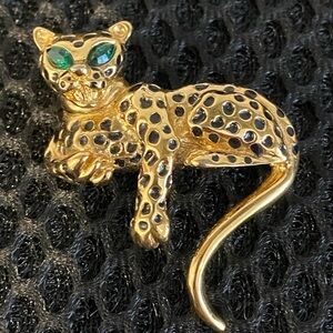 Vintage D’Orlan Gold Tone Leopard Brooch with Green Rhinestone Eyes